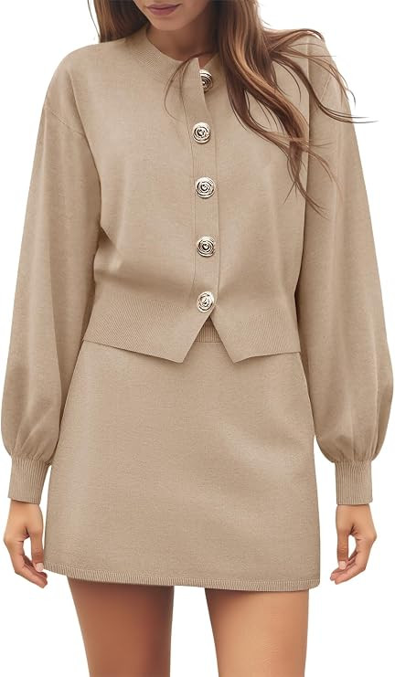 Tankaneo Womens Skirt 2 Piece Sweater Set Crewneck Button Up Cardigan Mini Skirt Trendy Casual Lo... | Amazon (US)