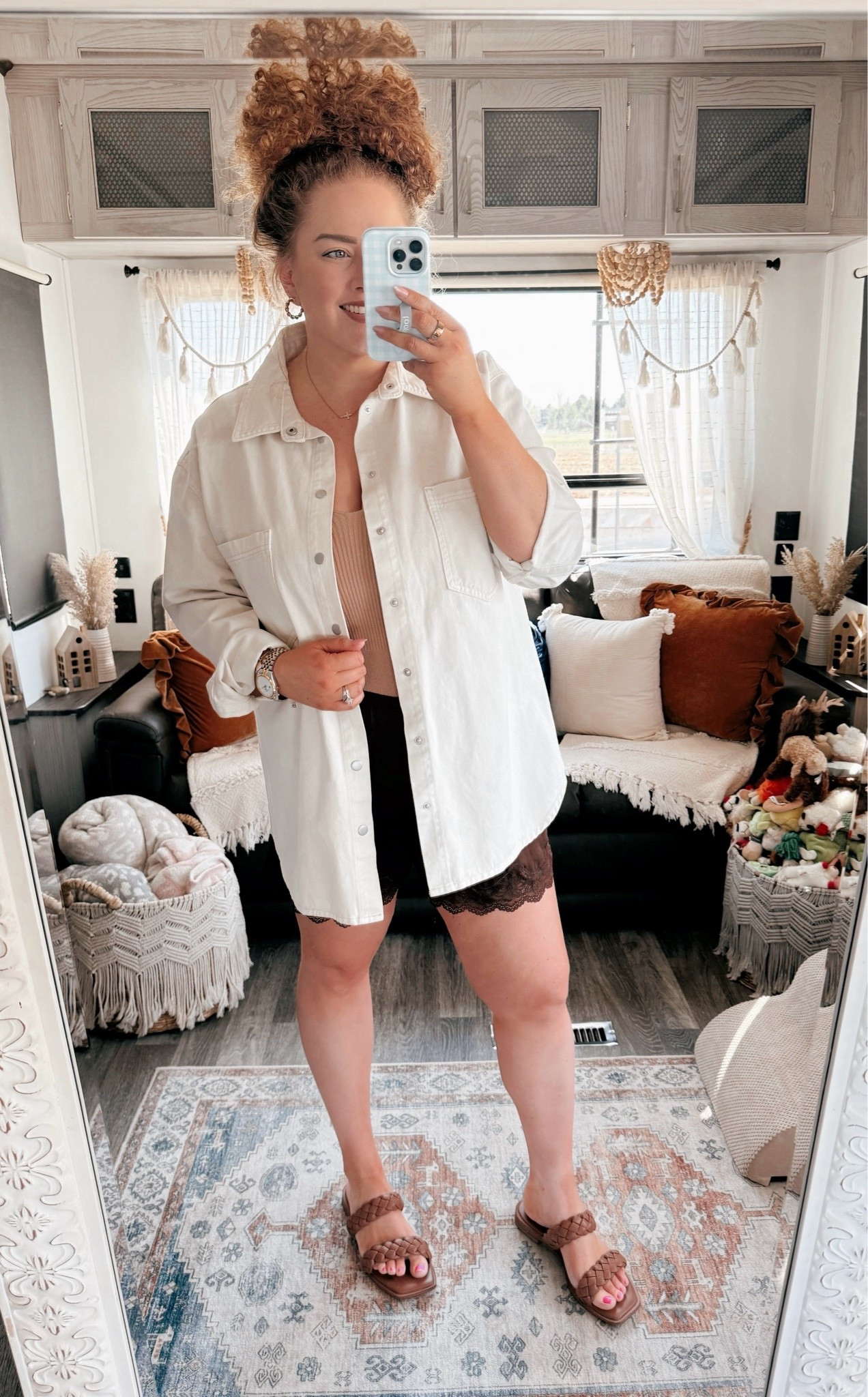 Effortless neutral layers for an easy summer day 🤎white oversized button down | beige tank top | brown lace shorts | aerie silky shorts | brown braided sandals | neutral summer outfit | effortless outfit idea | casual chic outfit | summer basics | comfy cute outfit | everyday outfit inspo | laid back style | minimal aesthetic | soft neutral tones | easy summer outfit 🤎

#LTKootd #LTKgrwm #LTKdayinmylife