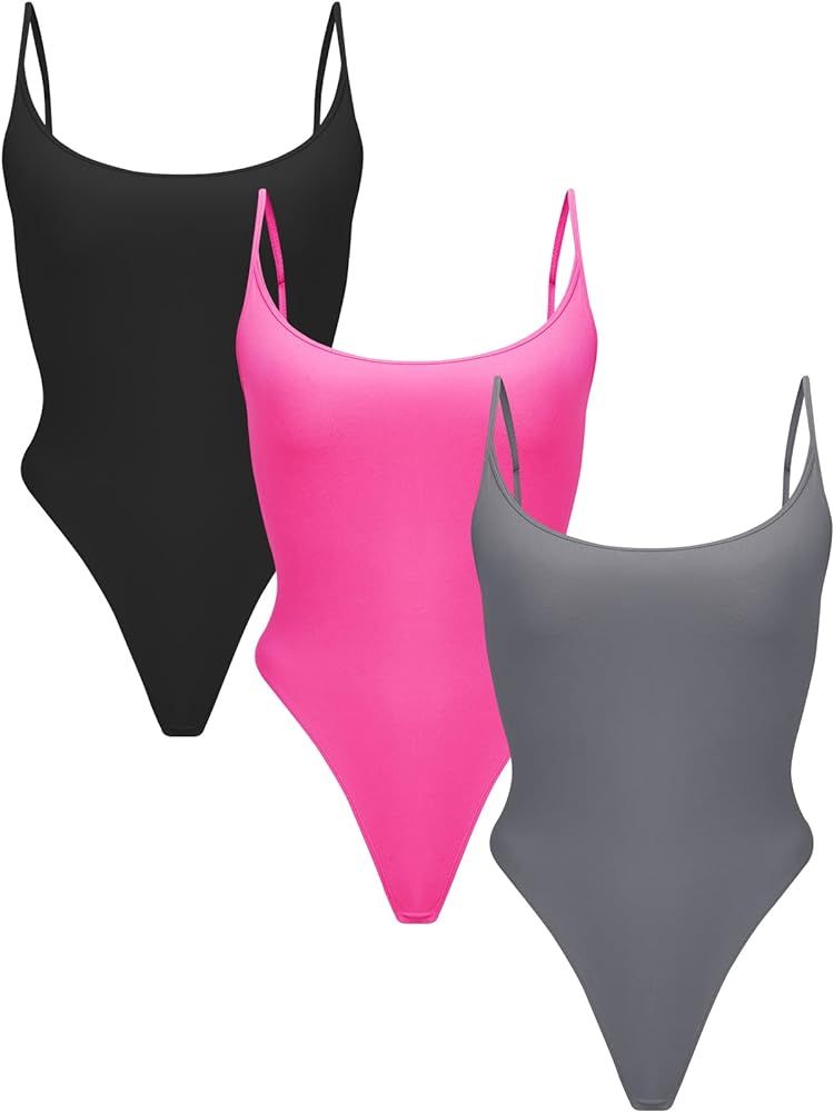 KIKIMINK Women's 3 Piece Bodysuit Sexy Ribbed Sleeveless Camisole Tops Thong Bodysuits Adjustable Sp | Amazon (US)