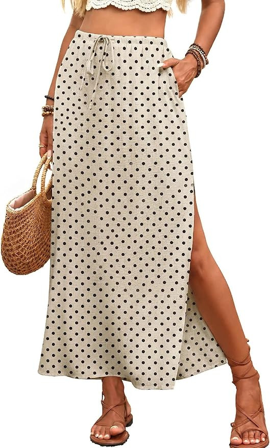 Amazon.com: ELLEVEN Linen Maxi Long Flowy Straight Skirt with Slit for Women Summer Trendy Elasti... | Amazon (US)