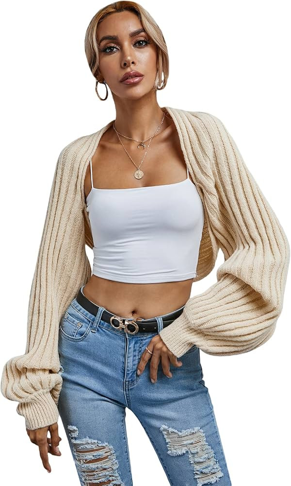 SheIn Women's Long Sleeve Open Front Crop Cardigan Drop Shoulder Shrug Ribbed Knit Bolero Sweater | Amazon (US)