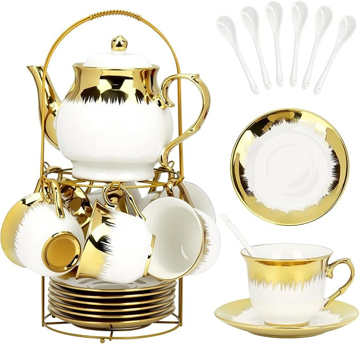 20 Pcs Porcelain Tea Set with Metal Holder and Spoon, European Ceramic Tea Set for Adults, Europe... | Amazon (US)
