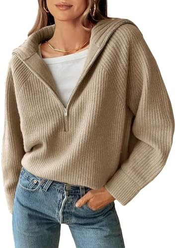 BTFBM Womens Sweaters Quarter Zip Pullover V Neck Collar Long Sleeve Ribbed Knit Loose Casual 202... | Amazon (US)