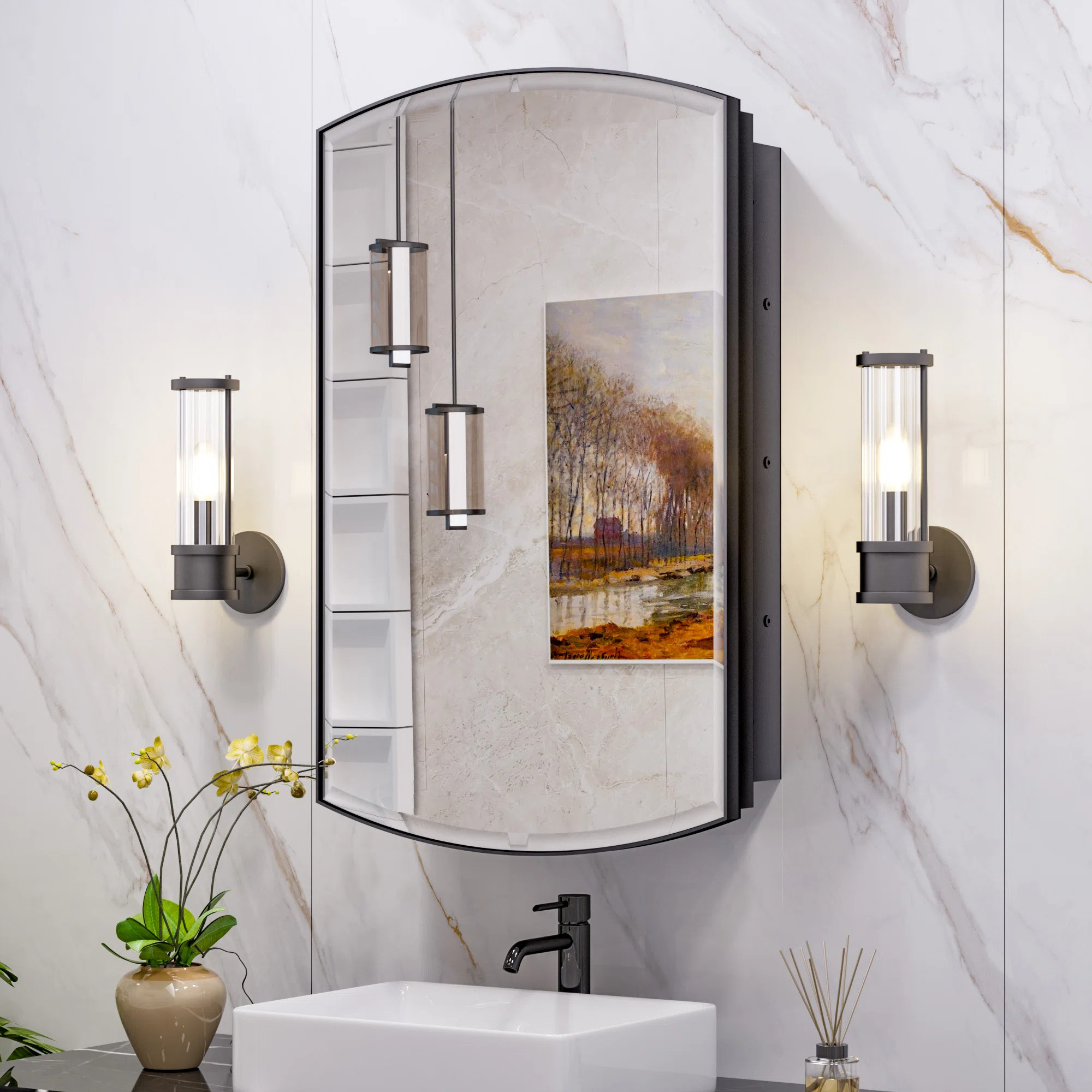 Arch Metal Framed Storage Medicine Cabinet With Beveled Mirror | Wayfair North America