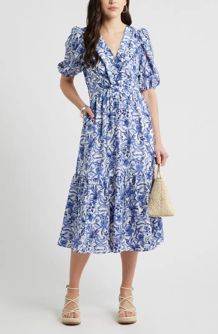 Caslon® Twist Detail Allover Print Midi Dress | Nordstrom | Nordstrom