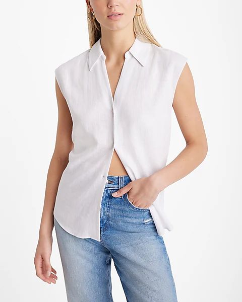 Linen-Blend Cap Sleeve Button Up Shirt | Express
