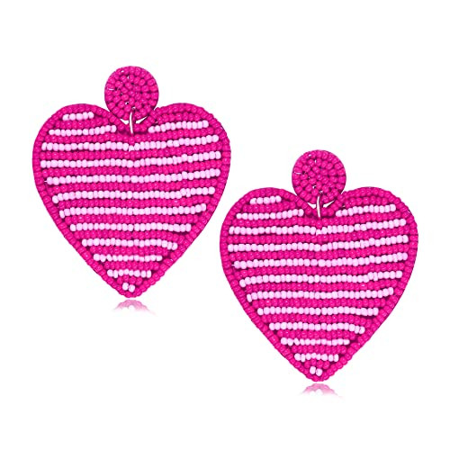 Valentine’s Day Earrings Beaded Heart Drop Earrings Edged in gold beading Fashion Trendy Big Love Dangle Earrings for Women Statement Jewelry (Rosy-Pink Beads) | Amazon (US)