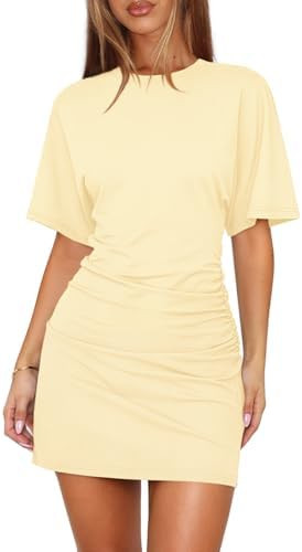 Womens Summer Casual T Shirt Dresses for Women Batwing Cinched Waist Dress Short Sleeve Ruched Bo... | Amazon (US)