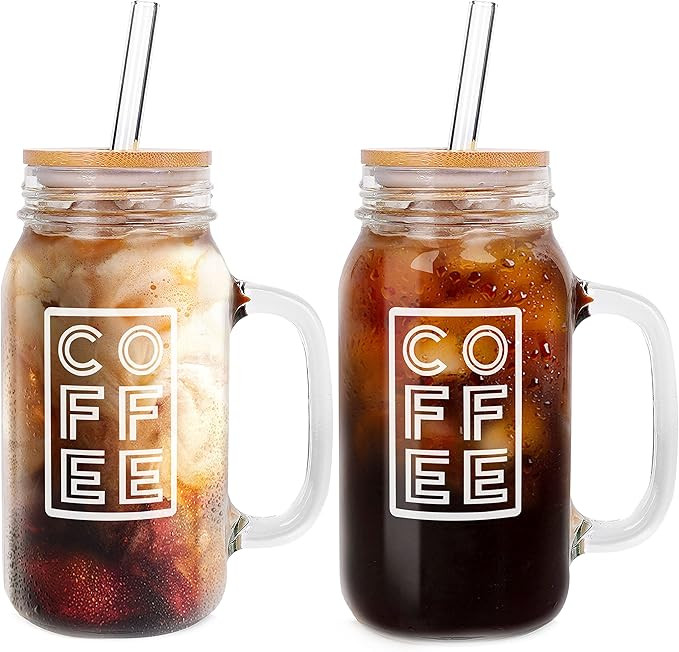 ANOTION Mason Jar Iced Coffee Cup with Lid and Straw, 24oz Regular Mouth Mason Jars with Handle G... | Amazon (US)