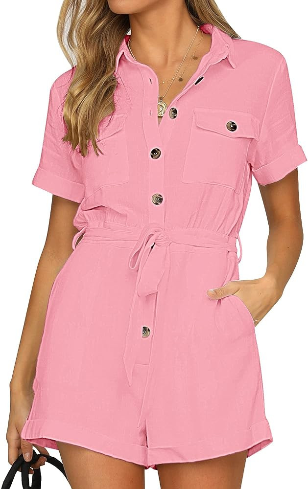 GRAPENT Women's Summer Short Sleeve Button Down Pockets Belted Jumpsuits Rompers | Amazon (US)