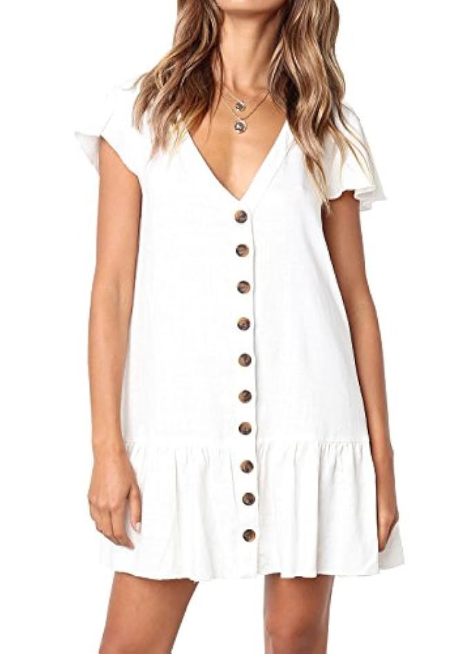 FOUR CLOUR Women's Casual Summer Deep V Neck Button Down Short Sleeve Mini Dress | Amazon (US)