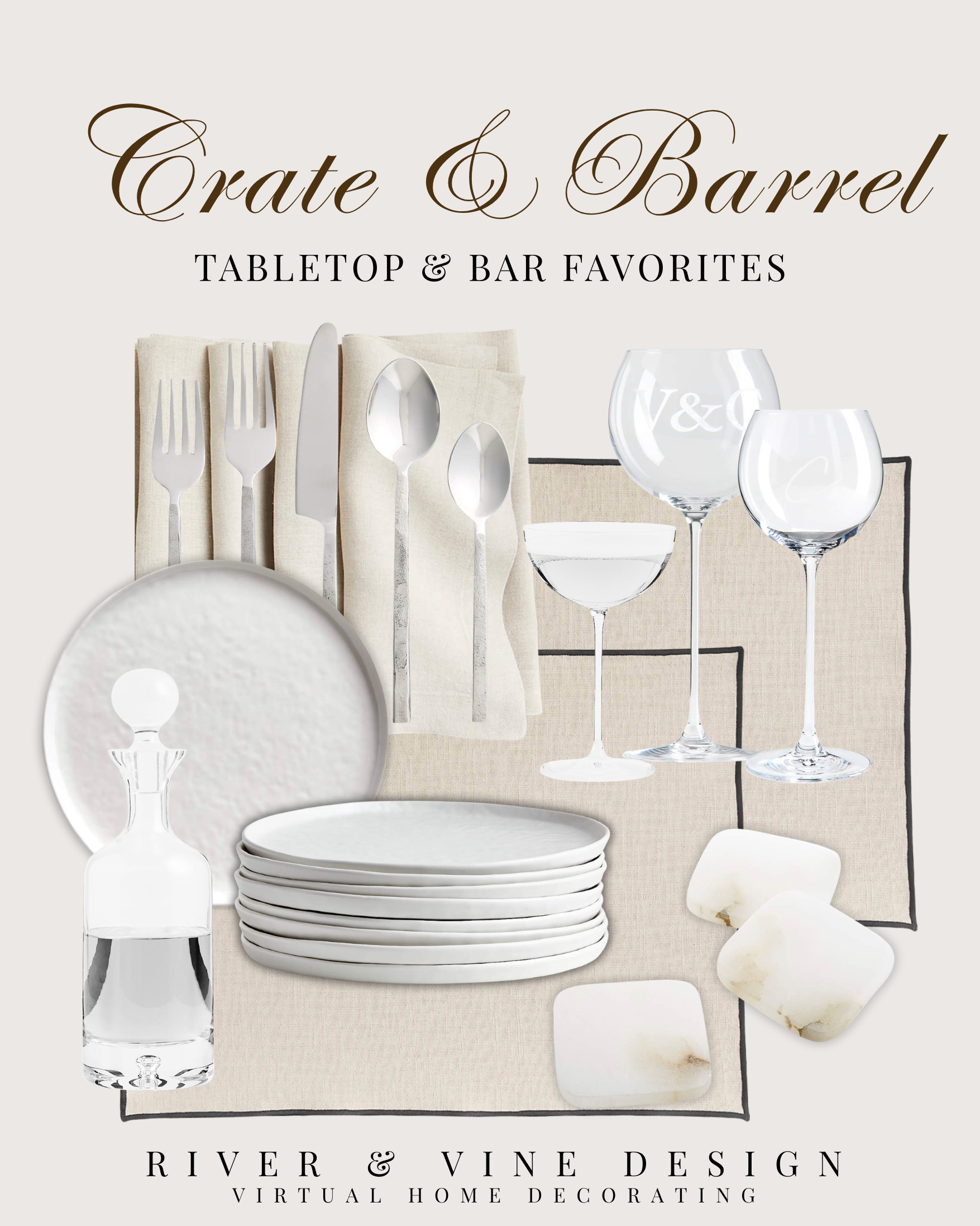 A table setting looks more expensive when the basics are simple, not overly themed. Textured white dinnerware, clean glassware, natural linen napkins, a decanter, and stone coasters are pieces you can use for holidays, dinner parties, and everyday hosting.

The trick is choosing staples that layer well instead of buying a totally new set for every season.

Crate & Barrel favorites, tabletop essentials, white dinnerware, linen napkins, barware, wine glasses, coupe glasses, decanter, hosting finds, and classic entertaining pieces.

Disclosure: I may receive a small commission from purchases made through my links, at no additional cost to you. 

 #LTKHome