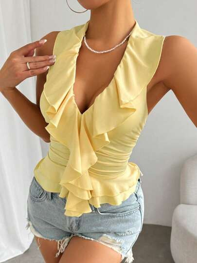 Chiquease Women's Summer Solid Color Ruffle Trim Slim Fit Halter Neck Tank Top | SHEIN