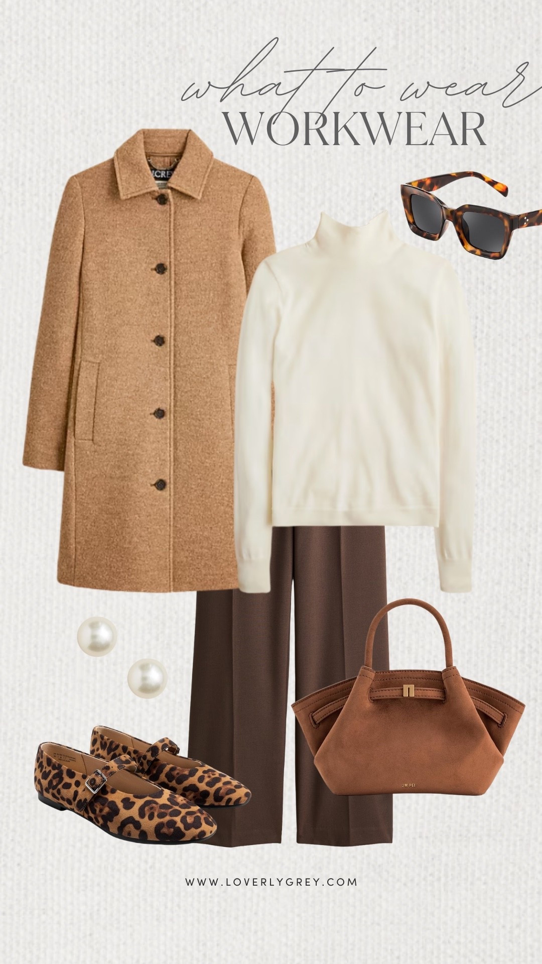 Loverly Grey, what to wear for workwear. I am loving this J.Crew trench coat that I would layer over the white turtleneck and brown pants. I paired it with some cheetah print Mary Jane flats, a suede tote and simple pearl earrings. Loverly grey, what to wear, workwear 

#LTKStyleTip #LTKShoeCrush #LTKWorkwear