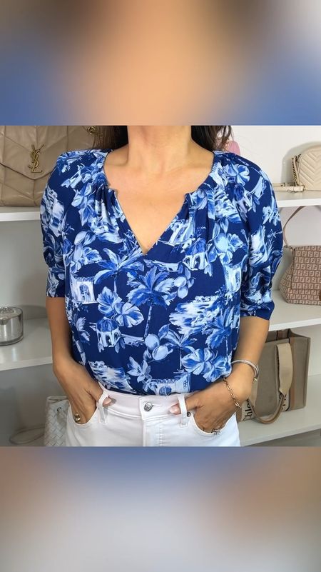 This mediterranean print is so pretty and perfect for summer. This blouse is currently on sale for 40% off and is available in both regular and petite sizes (XXS-XXL).

#LTKMidsize #LTKOver40 #LTKFindsUnder50