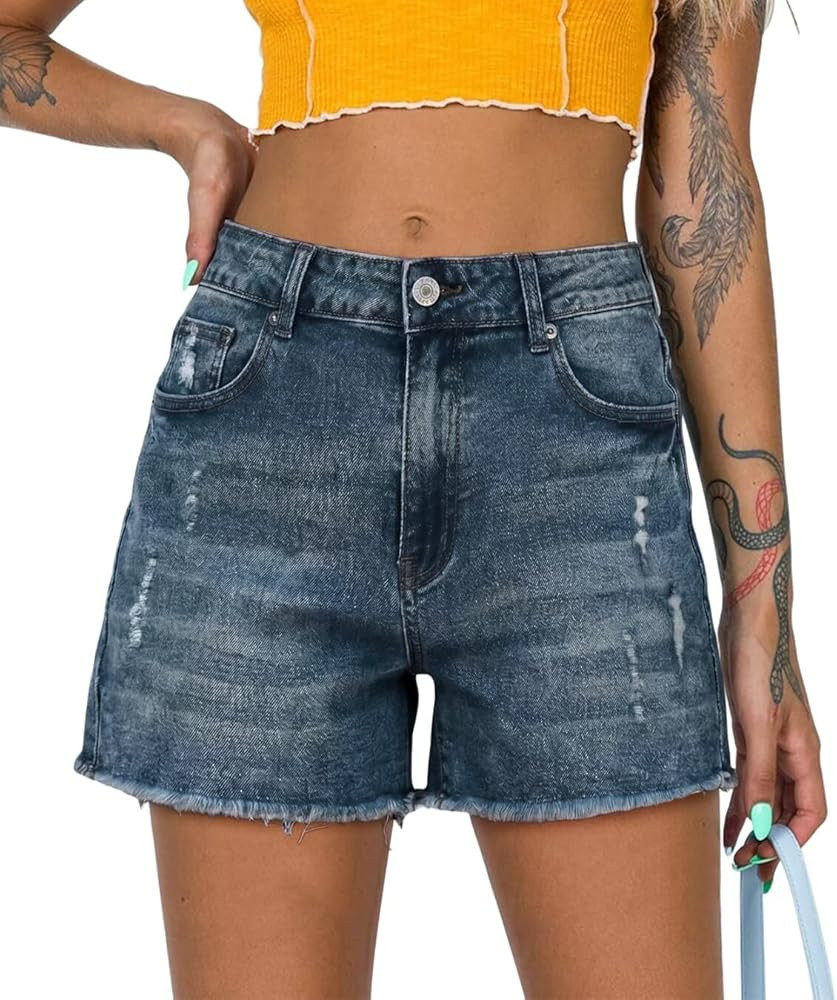 Magritta Denim Shorts for Women Mid Waisted Folded Hem Ripped Jean Shorts | Amazon (US)