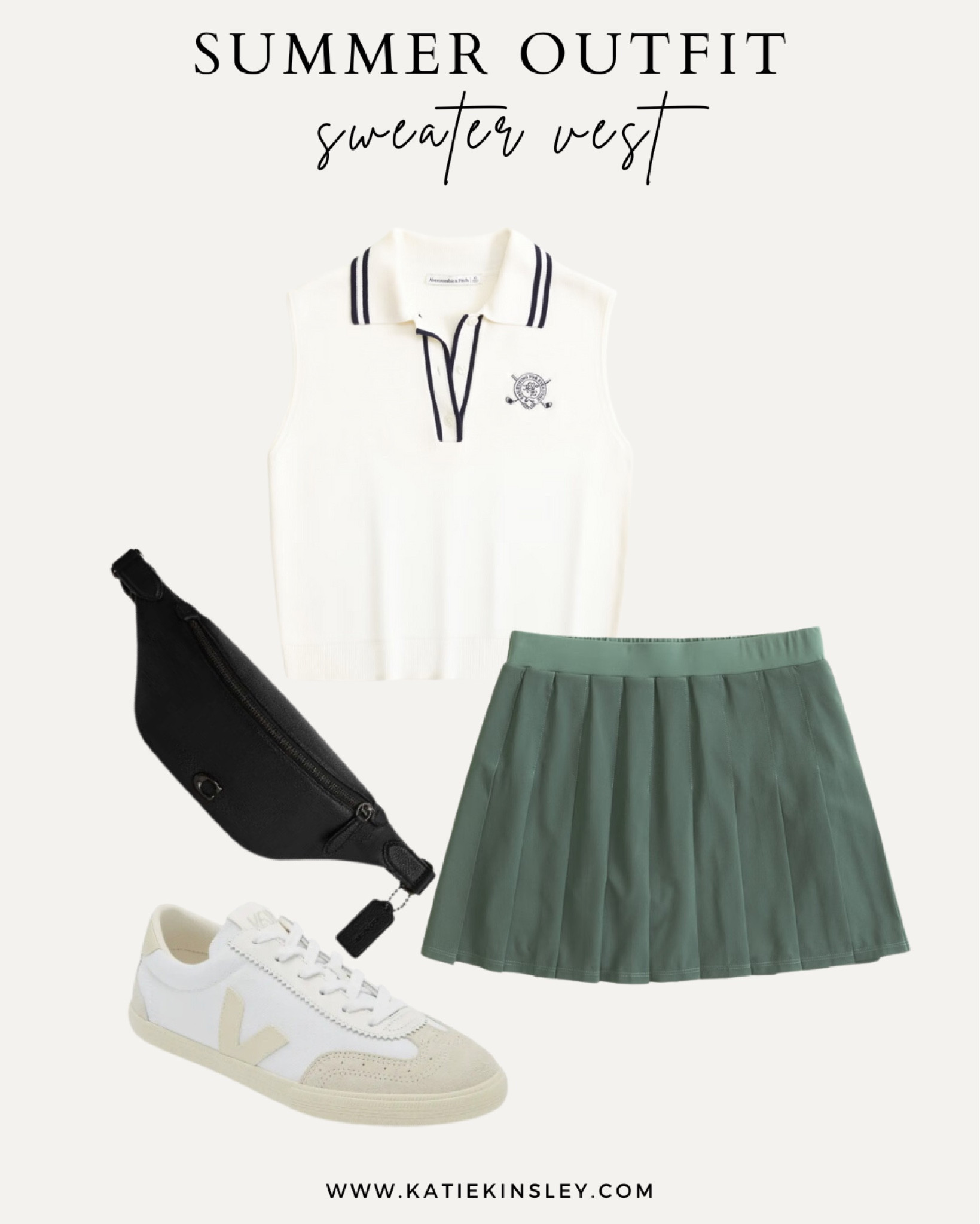 Summer outfit idea: athletic skort, sweater vest, sneakers, belt bag
