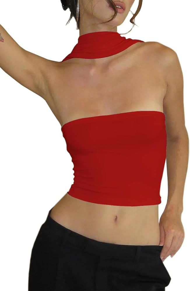 Women's Sexy Halter Tube Tank Crop Tops Strapless Slim Fitted Y2k Bandeau Top Off Shoulder Basic ... | Amazon (US)