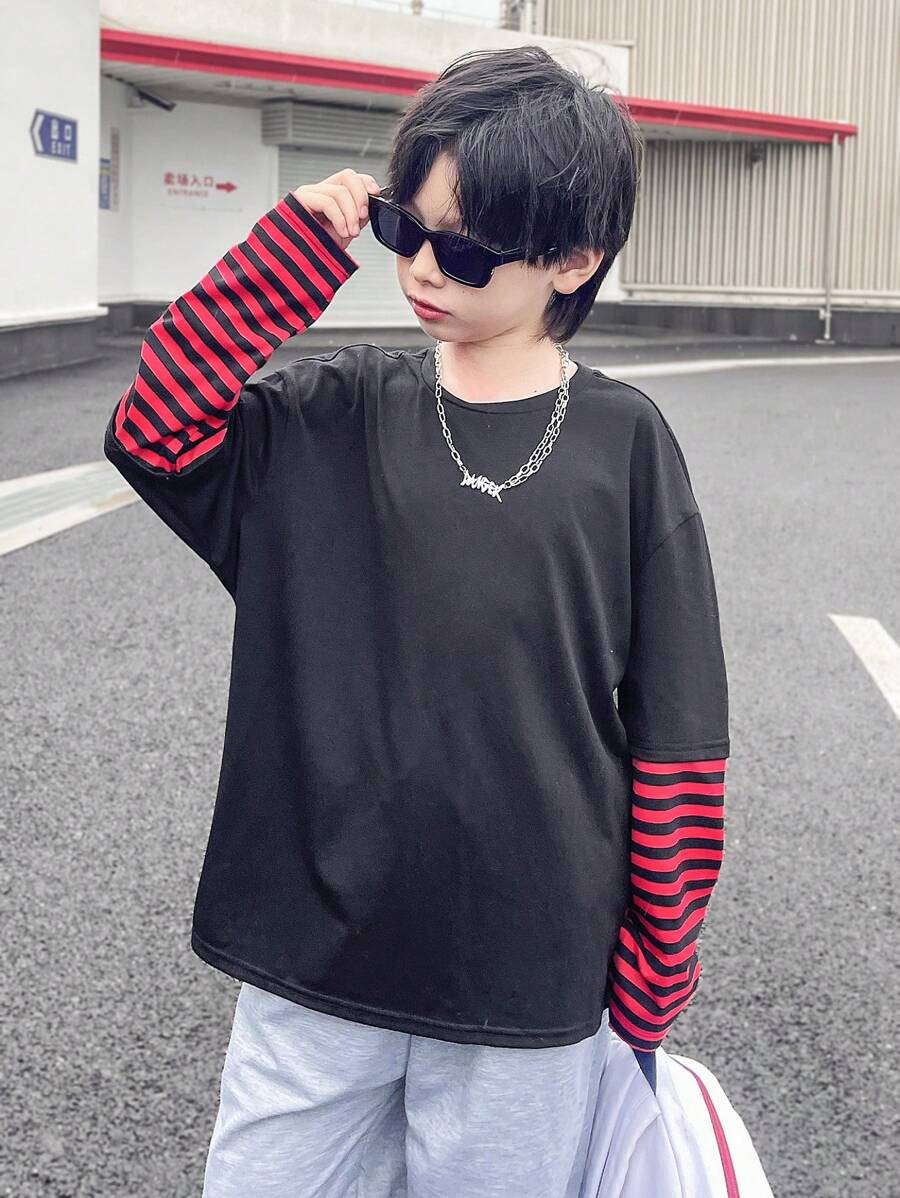 SHEIN Kids Tween Boy Casual Solid Color Round Neck Pullover With Striped Long Sleeve Loose Knit T... | SHEIN