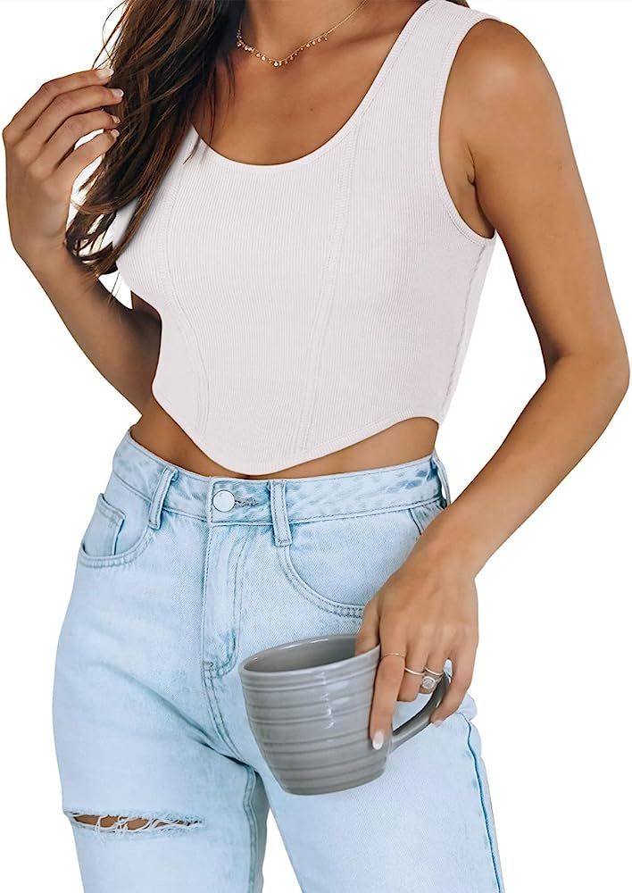 Adreamly Women's Sexy Scoop Neckline Sleeveless Ribbed Bustier Corset Knit Crop Tank Tops | Amazon (US)