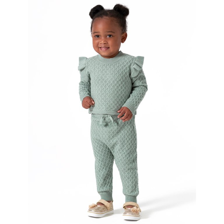 Modern Moments by Gerber Baby & Toddler Girl Cable Knit Ruffle Sweater & Pant, 2-Piece Outfit Set... | Walmart (US)