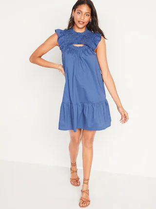 Flutter-Sleeve Cotton-Poplin Smocked Cut-Out Mini Swing Dress for Women | Old Navy (US)