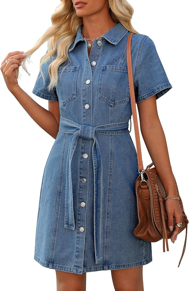 Women's Denim Dress Summer Short Sleeve Jean Dress Button Down Denim Shirt Dresses with Pocket 20... | Amazon (US)