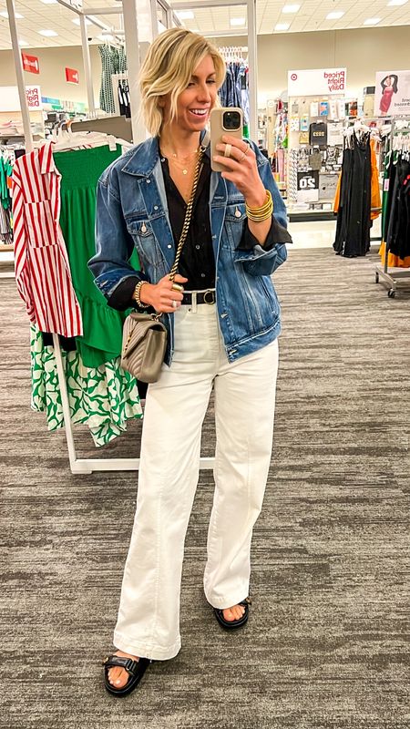 Mom on the go outfit idea: white wide, leg, jeans, silk button up shirt, chunky sandals, Crossbody bag

wearing a medium pants (size up for a relaxed fit) 
Use my code: SARAHKELLYXSPANX for 10% off 

#LTKSeasonal #LTKFind #LTKstyletip