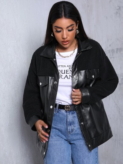 Drop Shoulder Mixed Media Shacket | SHEIN
