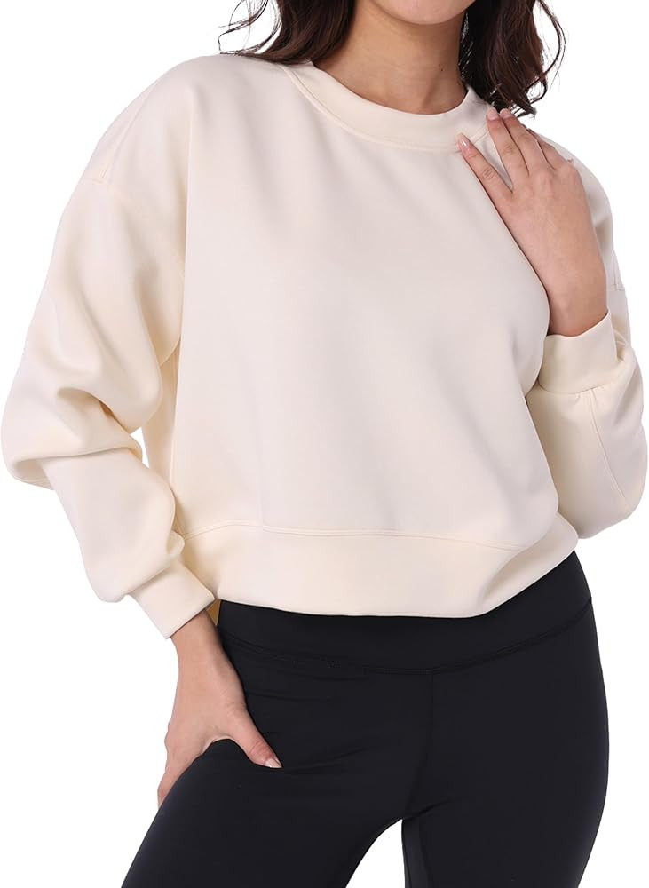 YUNOGA Womens Sweatshirts Crewneck Cropped Oversized Pullover Sweaters Solid Color Long Sleeve To... | Amazon (US)