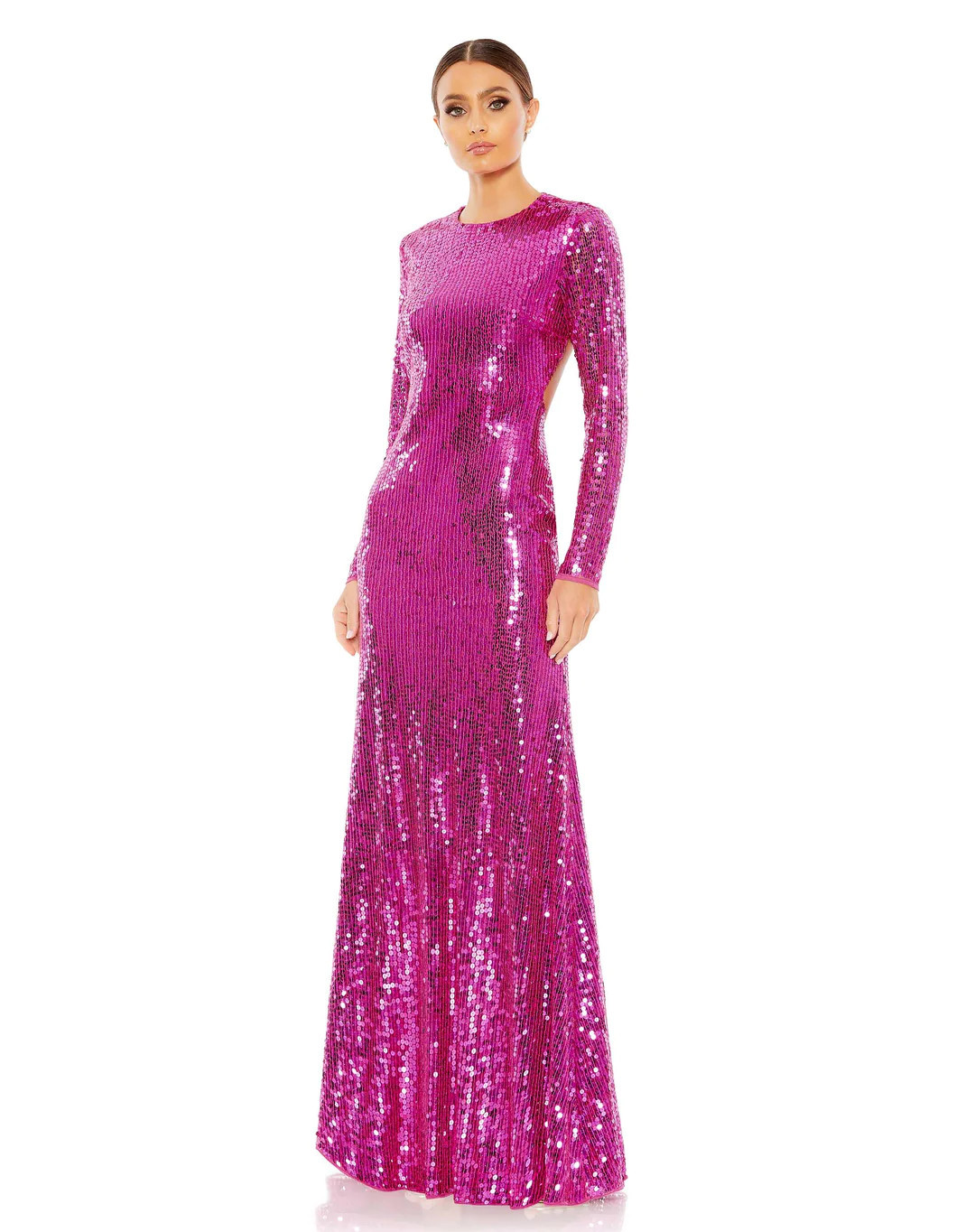 Sequined Long Sleeve High Neck Open Back Gown | Mac Duggal