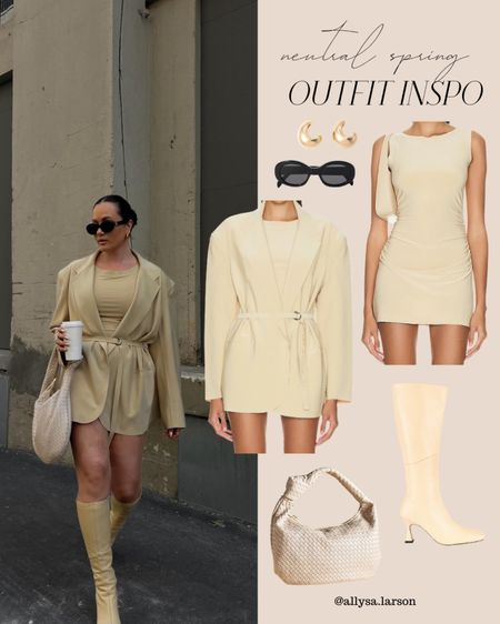 Neutral outfit, spring outfit, oversized blazer, mini dress, neutral style, tan boots 

#LTKstyletip #LTKshoecrush #LTKSeasonal