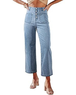 Sidefeel Women's Wide Leg Jeans High Waisted Zimbaplatinum Stretchy Straight Leg Jeans Buttoned L... | Amazon (US)