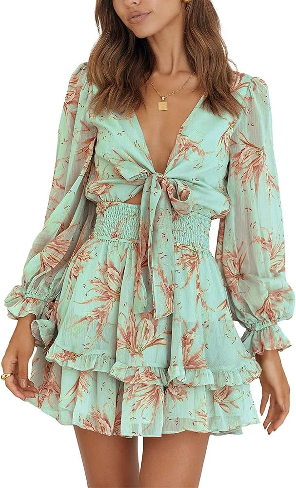 PRETTYGARDEN Women's Short A-Line Flare Dress Knot Front Long Sleeve V Neck Tiered Ruffle Swing M... | Amazon (US)