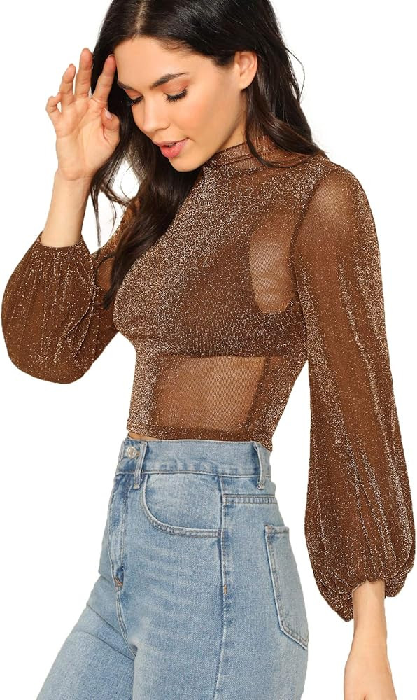 Romwe Women's Bishop Sleeve Glitter Sexy Sheer Mesh Crop Blouse Top | Amazon (US)