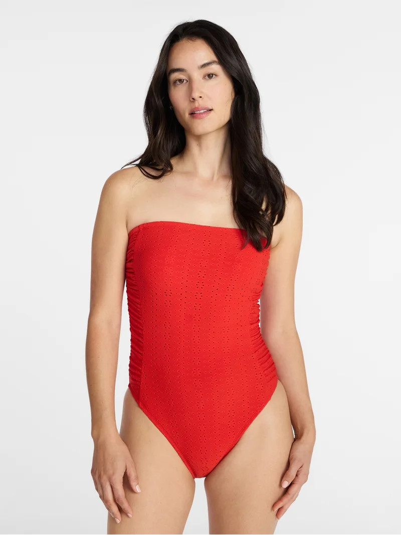 Time and Tru Women's and Women's Plus Eyelet Bandeau One Piece Swimsuit with Side Shirring, Sizes... | Walmart (US)