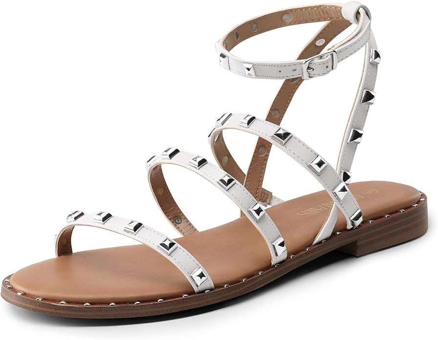 DREAM PAIRS Women's Clear Studded Pearl Gladiator Strappy Flat Sandals | Amazon (US)