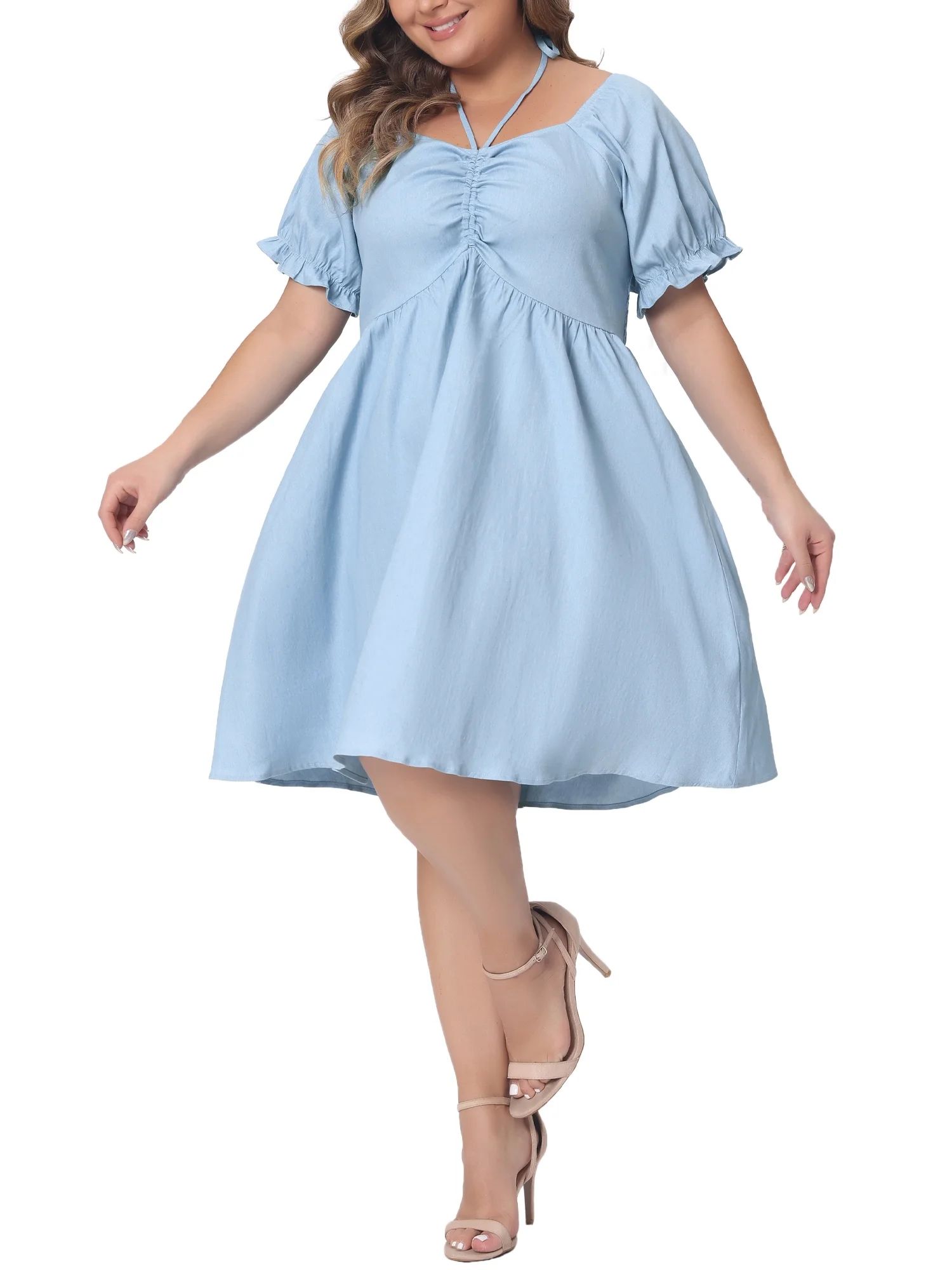 Agnes Orinda Women's Plus Size Neck Self Tie Front Puff Sleeve Elastic Dresses | Walmart (US)