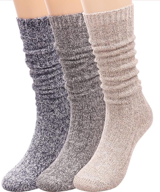 3 Pairs Women Winter Wool Cable Knit Crew Knee High Boot Socks,Size 5-11 W605 | Amazon (US)