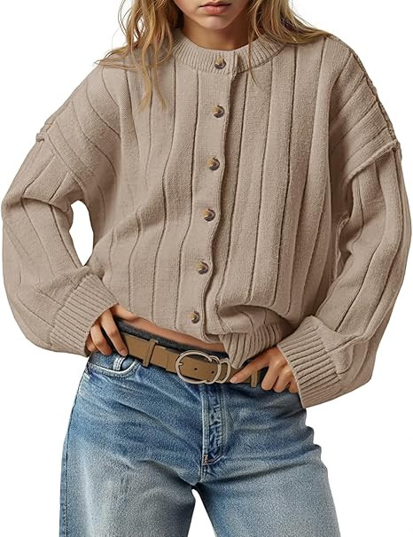 Saodimallsu Womens Open Front Cardigan Sweaters Button Down Knit Long Sleeve Crewneck Casual Loos... | Amazon (US)