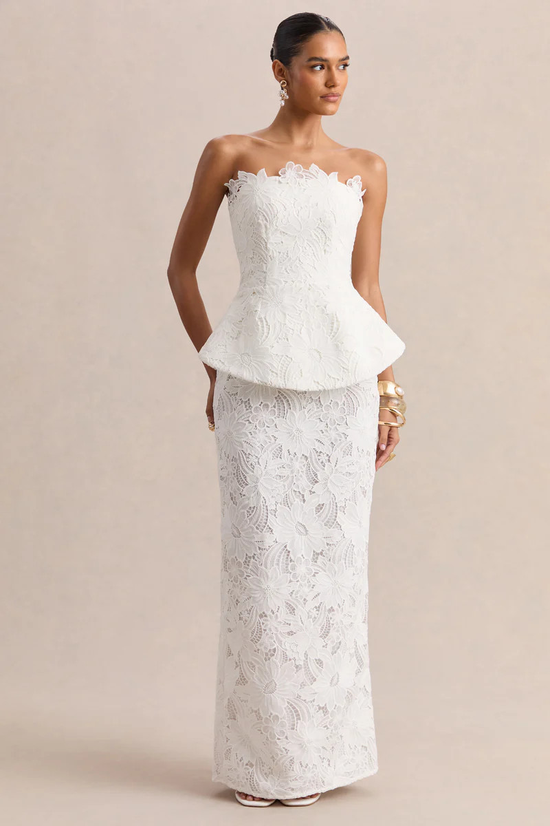 Delvine  White Lace Bandeau Corset Maxi Dress | Club L London