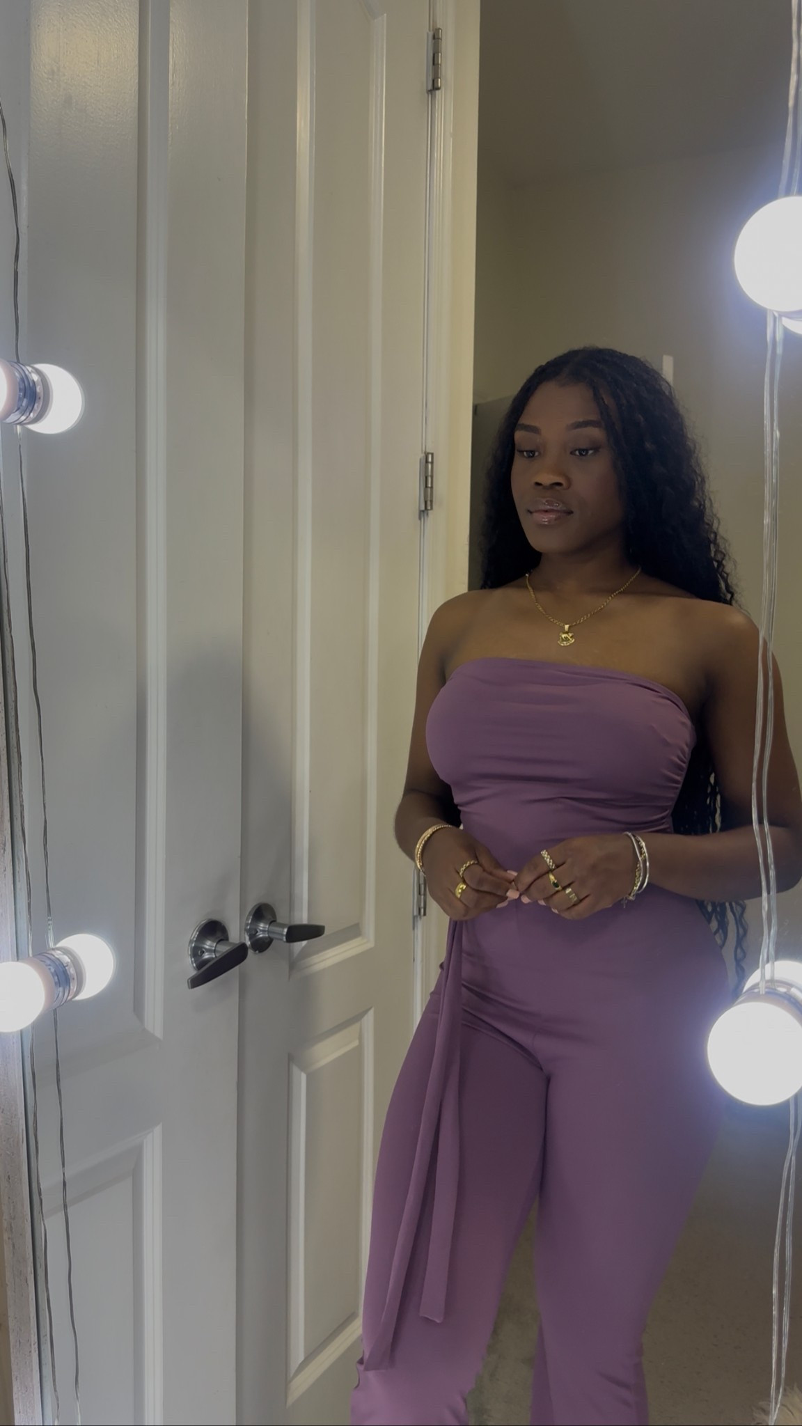 This purple jumpsuit just does it for me! Such a lovely color for a casual date night. Wearing size small. 