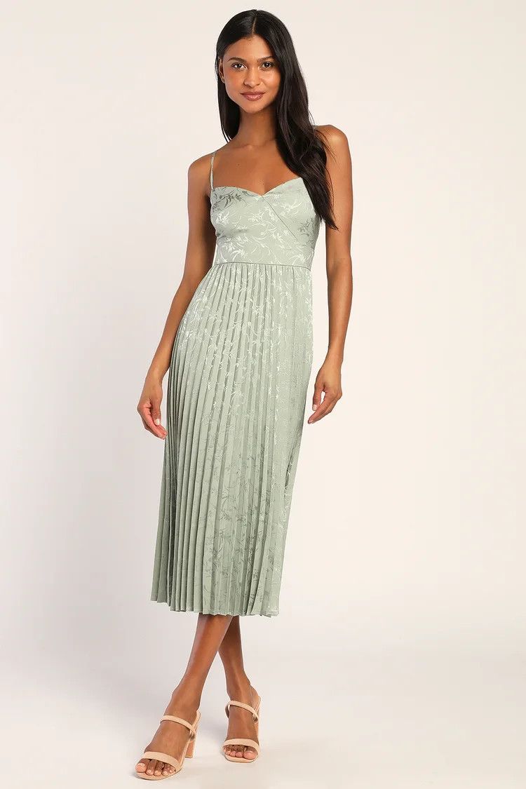 Sage Floral Jacquard Pleated Satin Midi Dress | Sage Green Dress | Cocktail Dress | Spring Outfits  | Lulus (US)