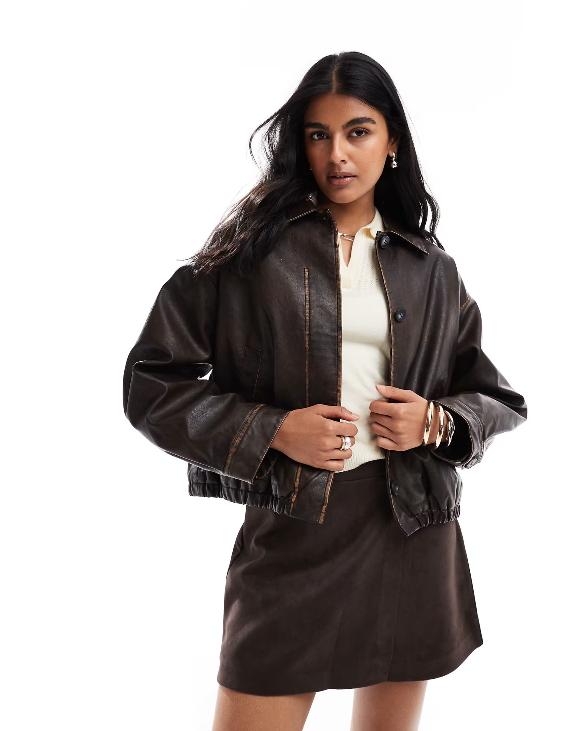 ASOS DESIGN vintage wash leather look bomber jacket in brown | ASOS (Global)
