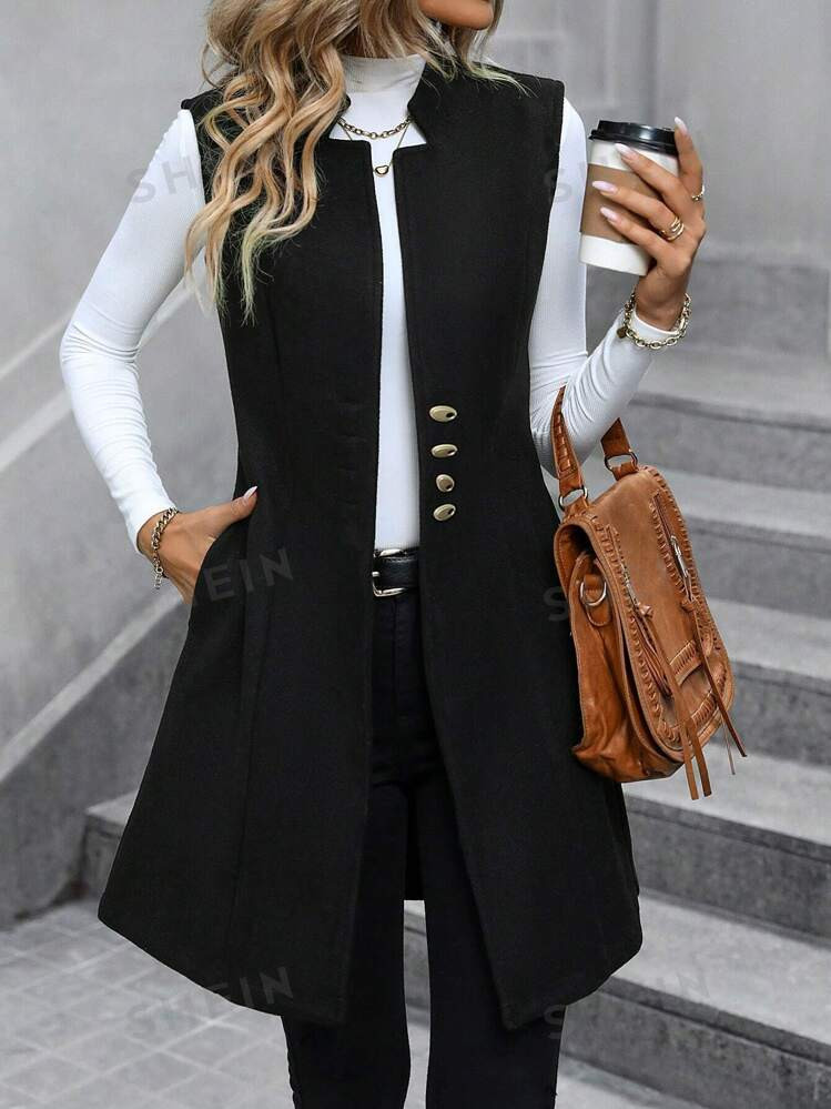 £19.99      
    £21.49
   
  -7%
        EMERY ROSE Solid Button Front Vest OvercoatColor: Bla... | SHEIN