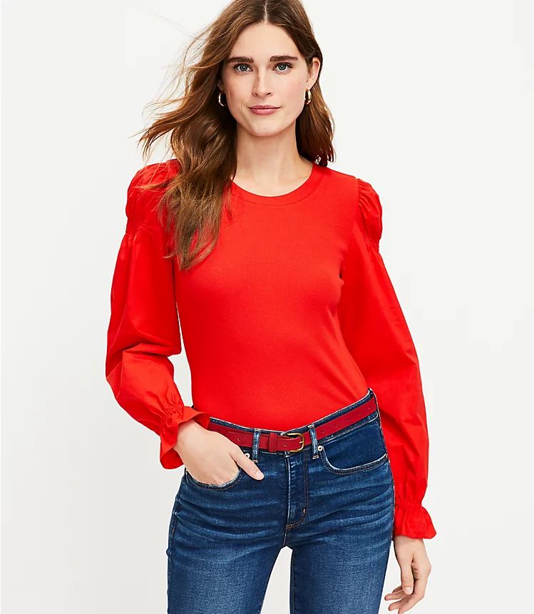 Ruffle Cuff Mixed Media Blouse | LOFT