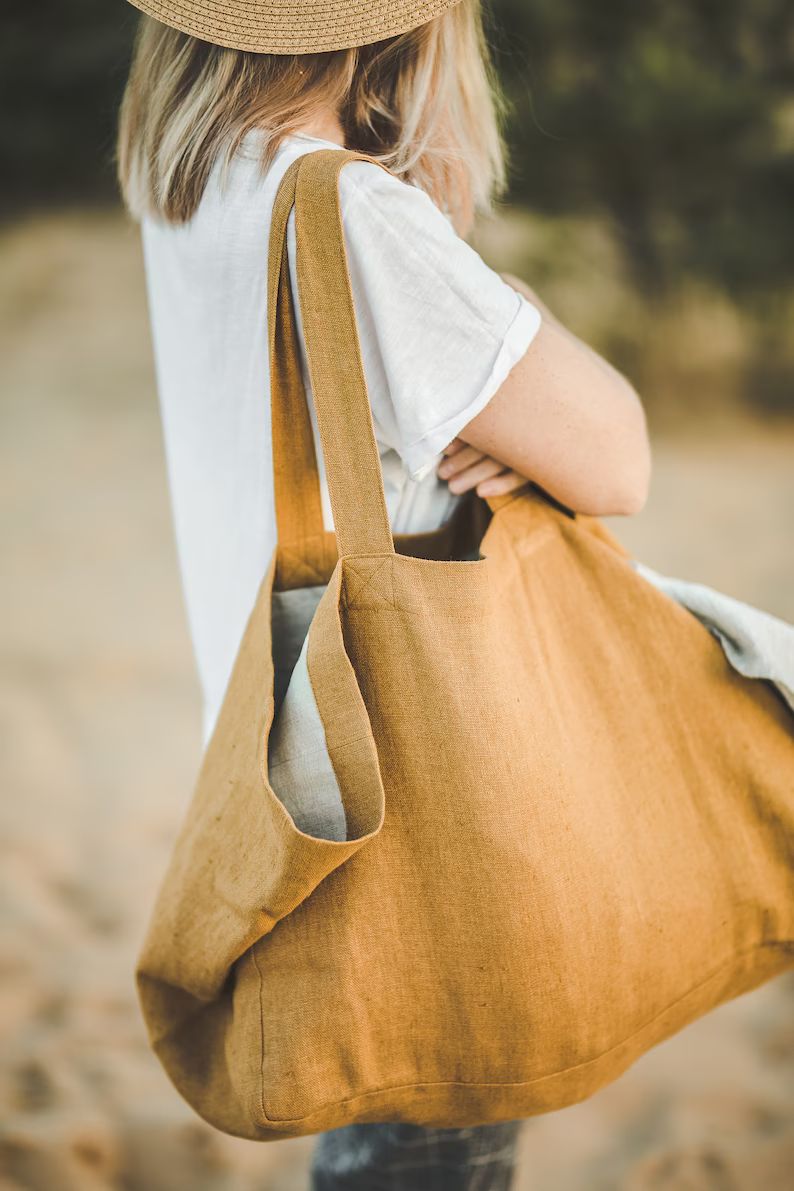 Camel linen beach bag, Natural summer bag, Oversized beach bag with pockets, Large linen tote bag... | Etsy (US)