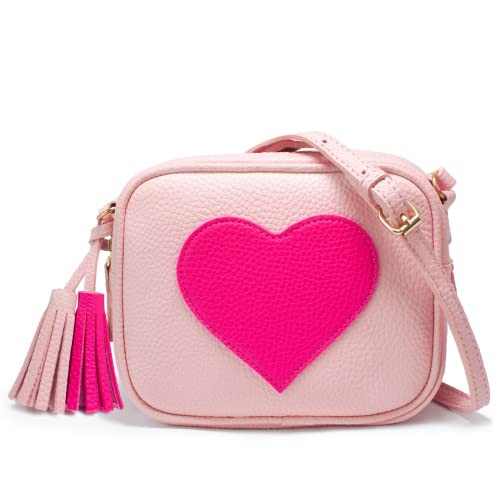 Girls Crossbody Purse for Kids Women Leather Roomy Bag with Tassel Adjustable Straps Design in Italy（Pink & Rose Red） | Amazon (US)