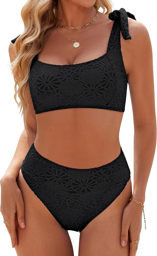 Blooming Jelly Womens High Waisted Bikini Set Tie Strap Jacquard Terry Cloth 2 Piece Swimsuit Mod... | Amazon (US)