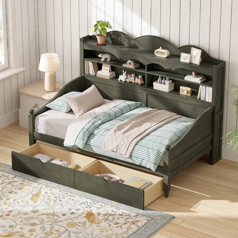 Harper & Bright Designs Twin Daybed with Storage Drawers & Bookcase Headboard, Wooden Day Bed Fra... | Walmart (US)
